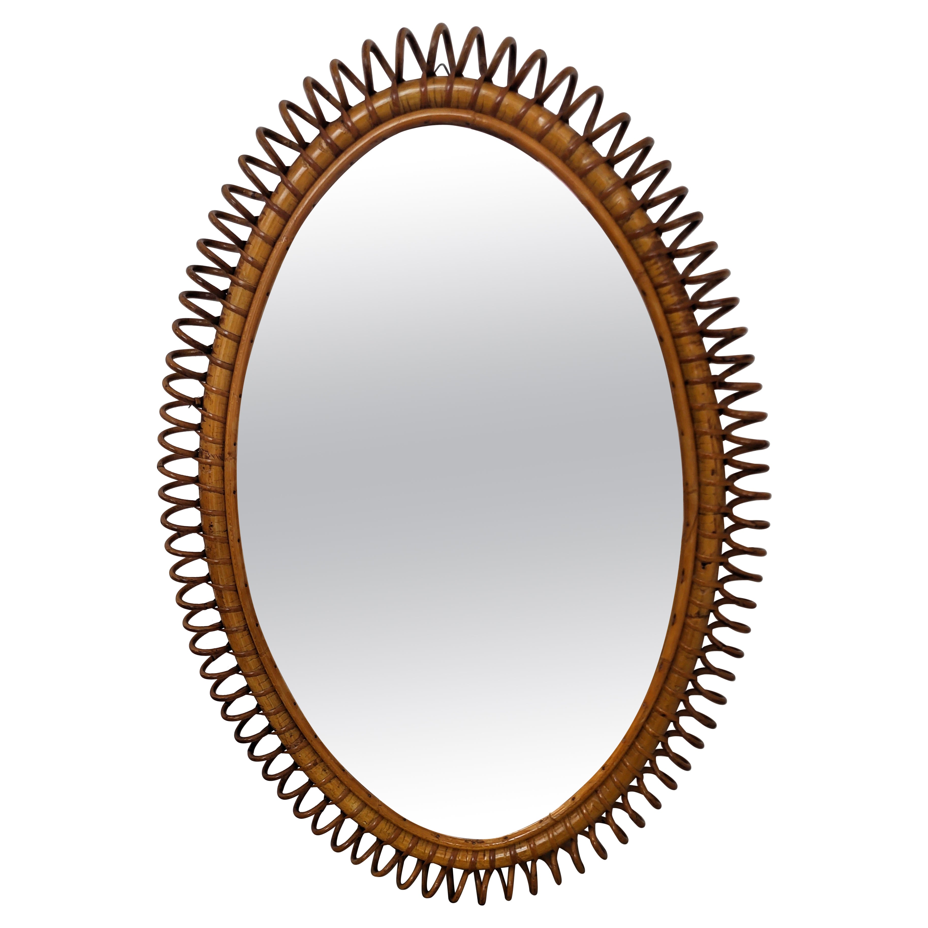 1970s Italian Bamboo Rattan Bohemian French Riviera Wall Mirror