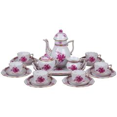 Vintage Herend Chinese Bouquet Raspberry Coffee and Dessert Set for Six Persons