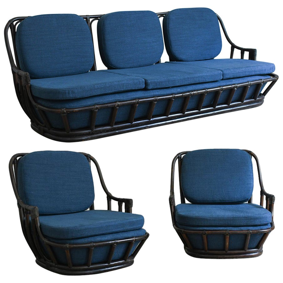 Living Room Set: Sofa + Pair of Armchairs in Dark-Finish Manao Cane, 1980s