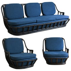 Vintage Living Room Set: Sofa + Pair of Armchairs in Dark-Finish Manao Cane, 1980s