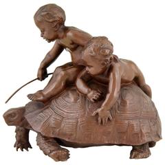 Antique Bronze Sculpture of Two Boys on a Tortoise by Barrias, 1877