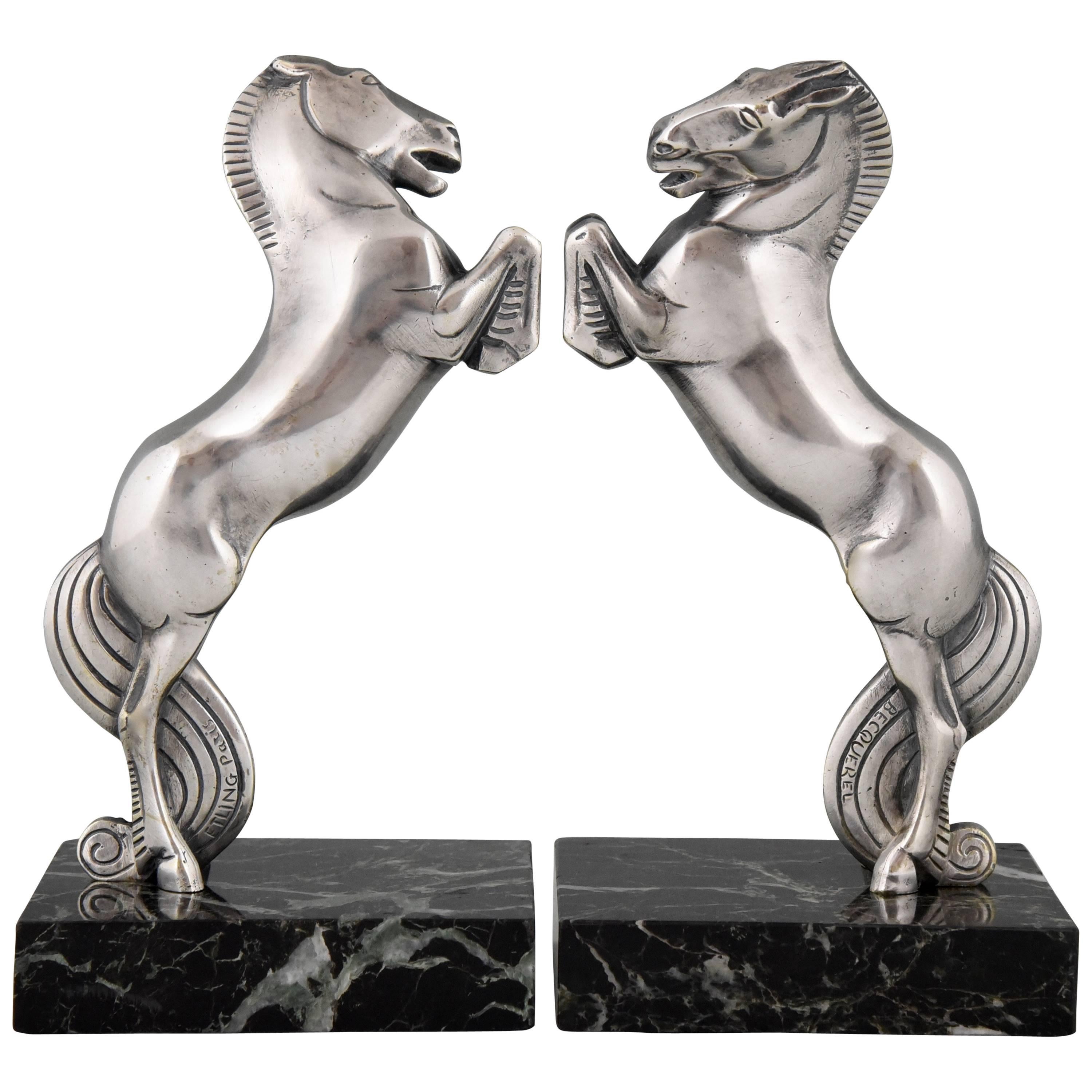 French Art Deco Silvered Bronze Horse Bookends by Becquerel, 1930