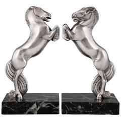 Vintage French Art Deco Silvered Bronze Horse Bookends by Becquerel, 1930