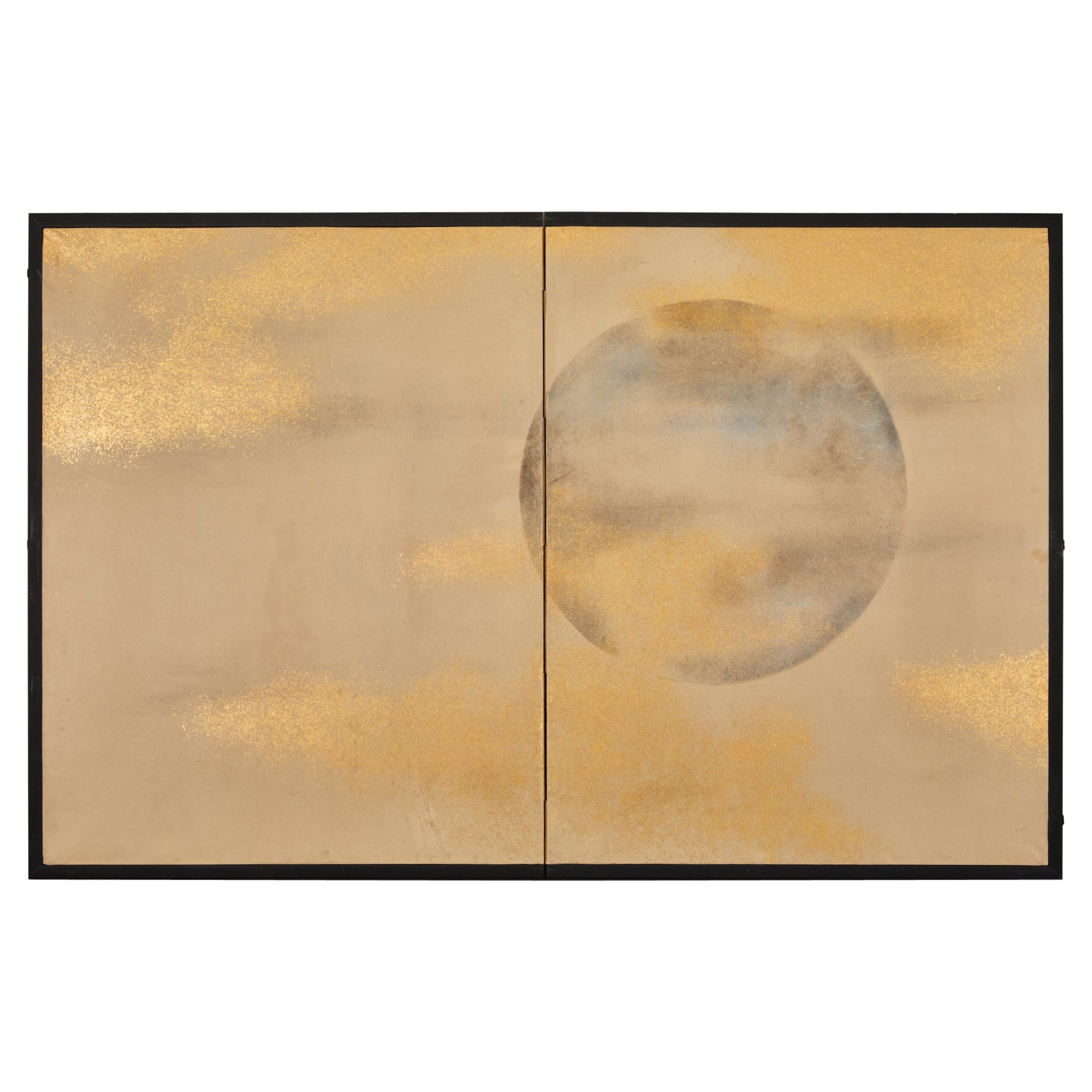 Japanese Two Panel Screen: Full Moon Through Gold Dust Clouds