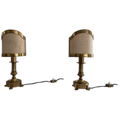 Fabric Shade Solid Brass Pair of Table Lamps, 1960s, Italy