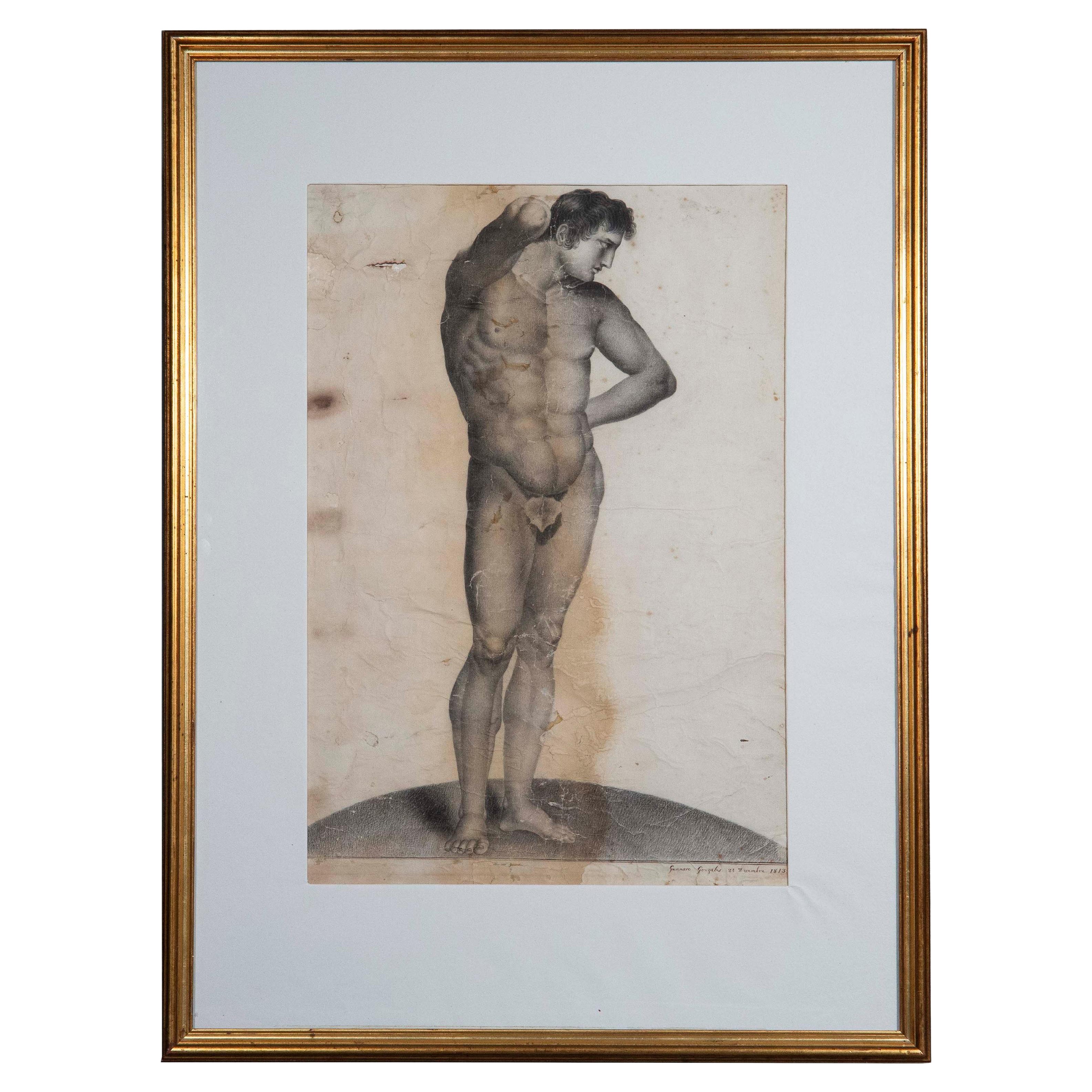 Disegno di nudo maschile Grand Tour di un giovane atletico dei primi del XIX secolo