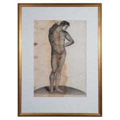 Dibujo de desnudo masculino de un joven atlético de principios del siglo XIX Grand Tour
