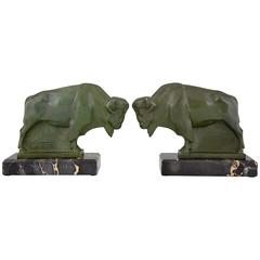 French Art Deco Bison Bookends by Max Le Verrier, 1930