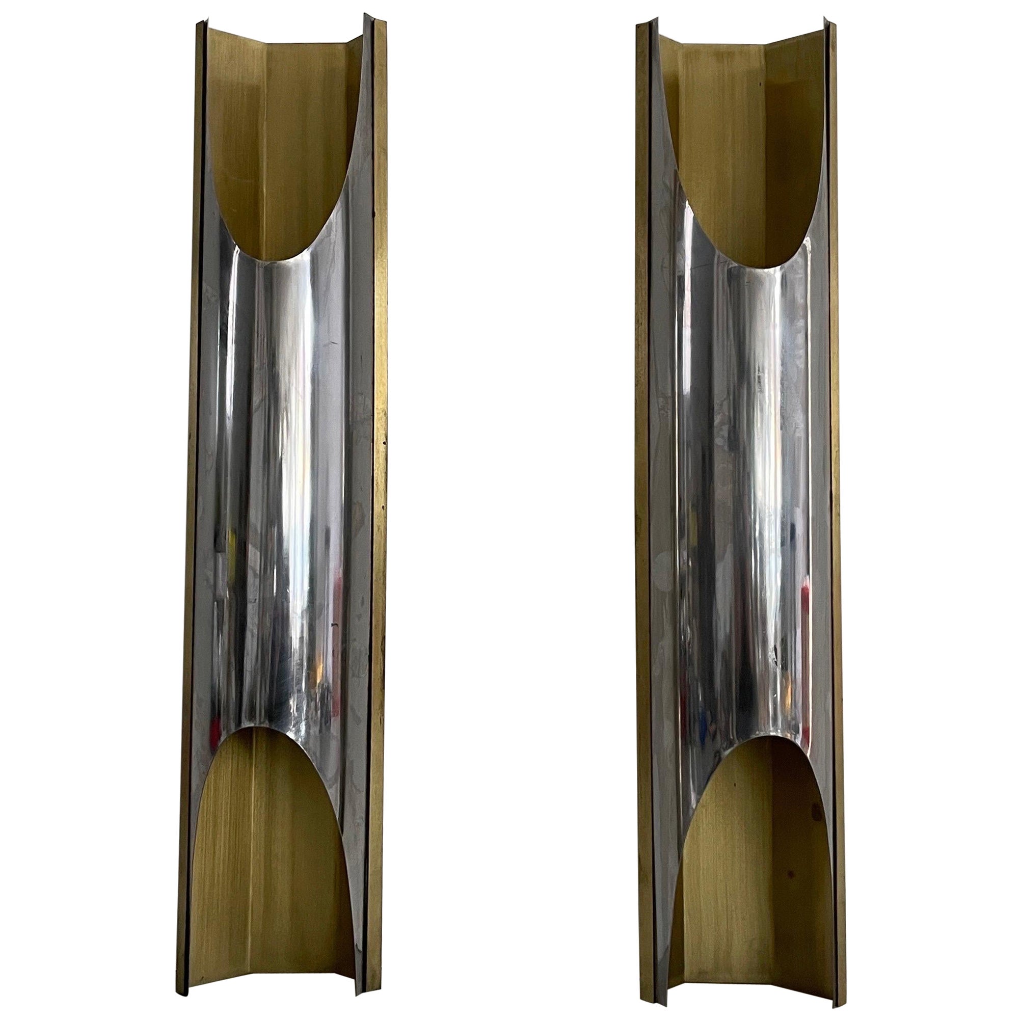 Gold Metal and Chrome Large Pair of Wall Lamps, 1960s, Italy