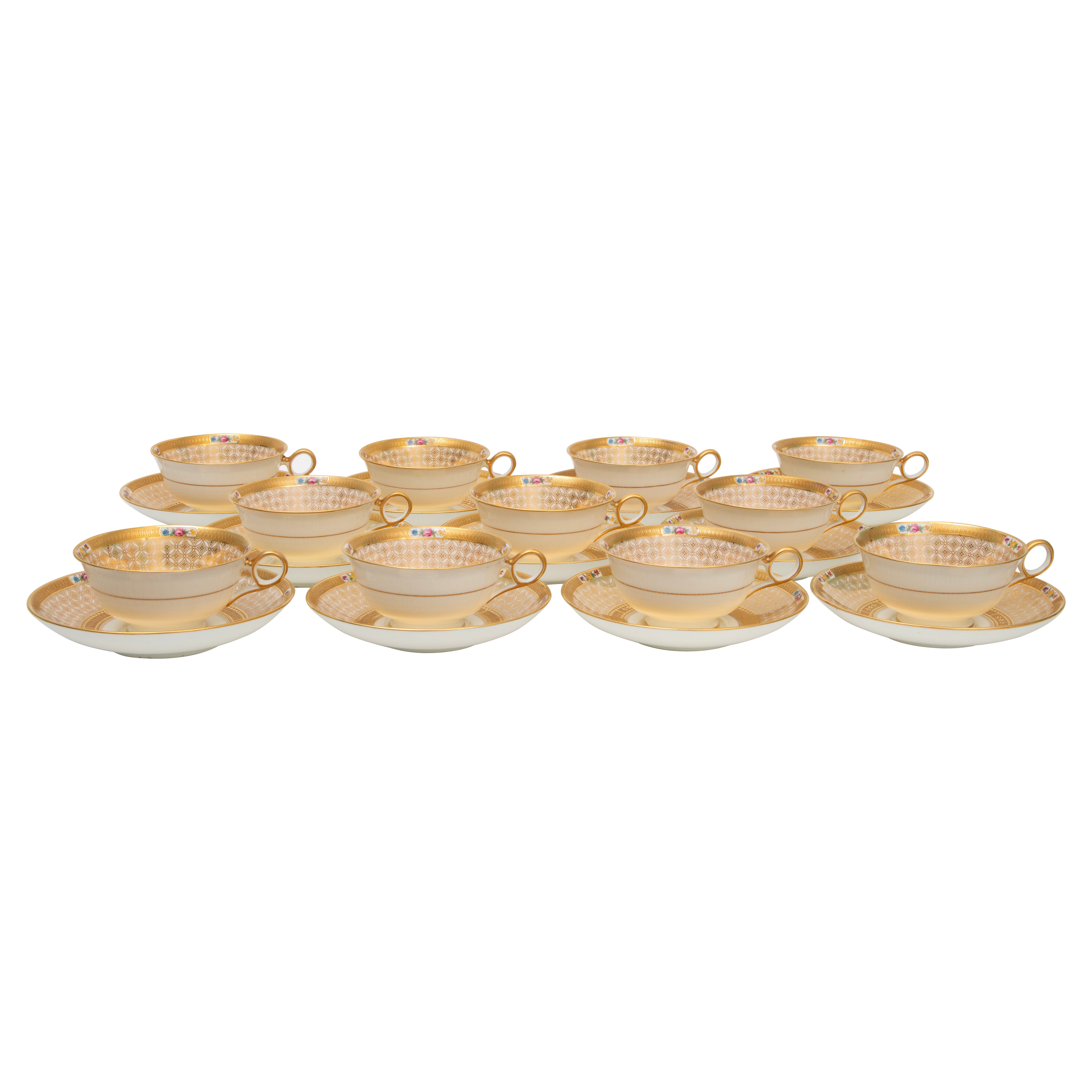 Antique Tiffany Gilt Encrusted Cup & Saucers, Eleven Sets 22 Pieces Circa 1910
