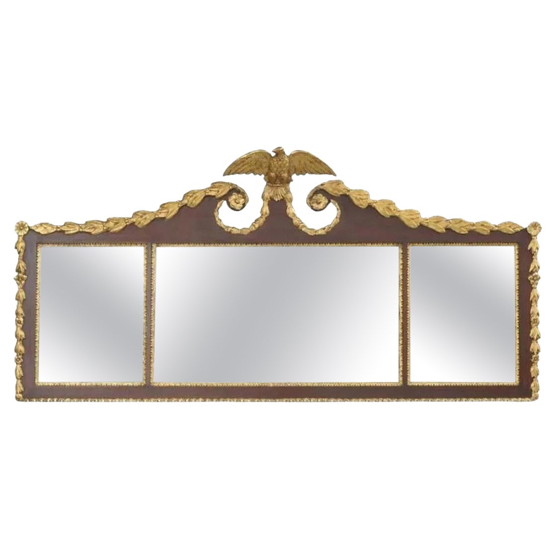 Espejo de pared antiguo Biggs Federal Parcel Gilt Mahogany Three Panel Overmantel