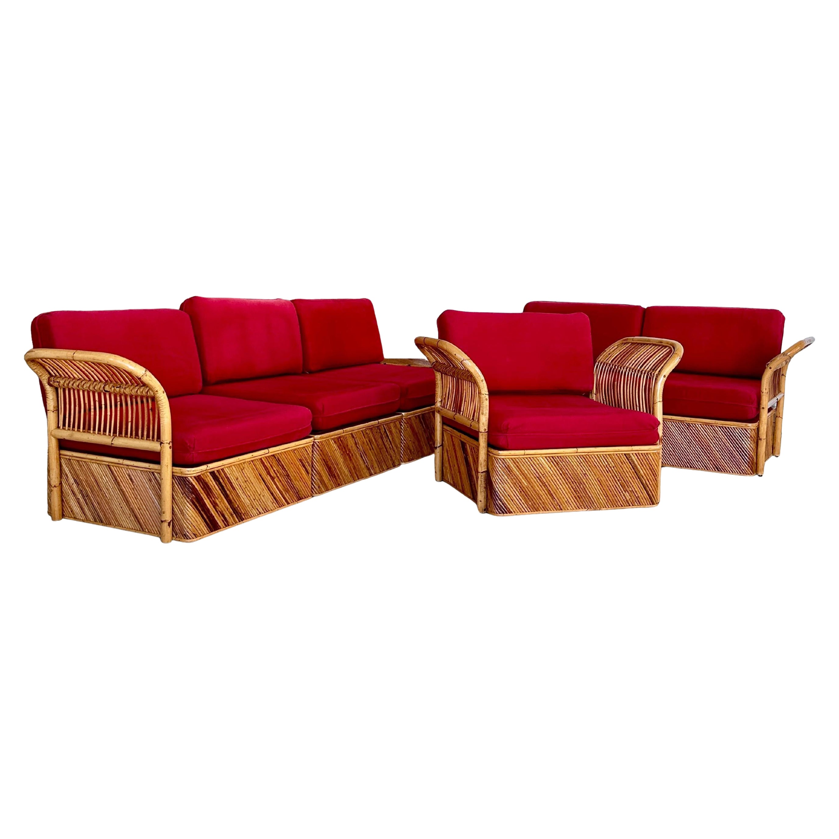 Chaise et section en rotin à crayon restauré, sept pièces, milieu du 20e siècle en vente