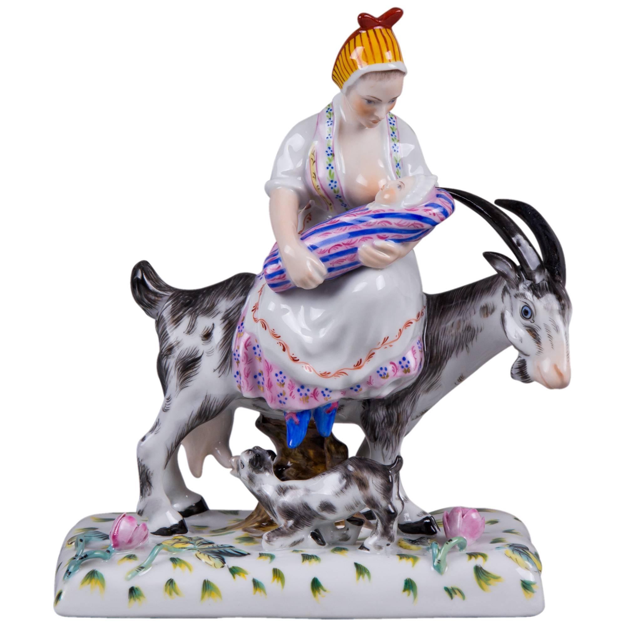 Rare Herend Figurine Mother Sitting on a Goat with a Baby For Sale