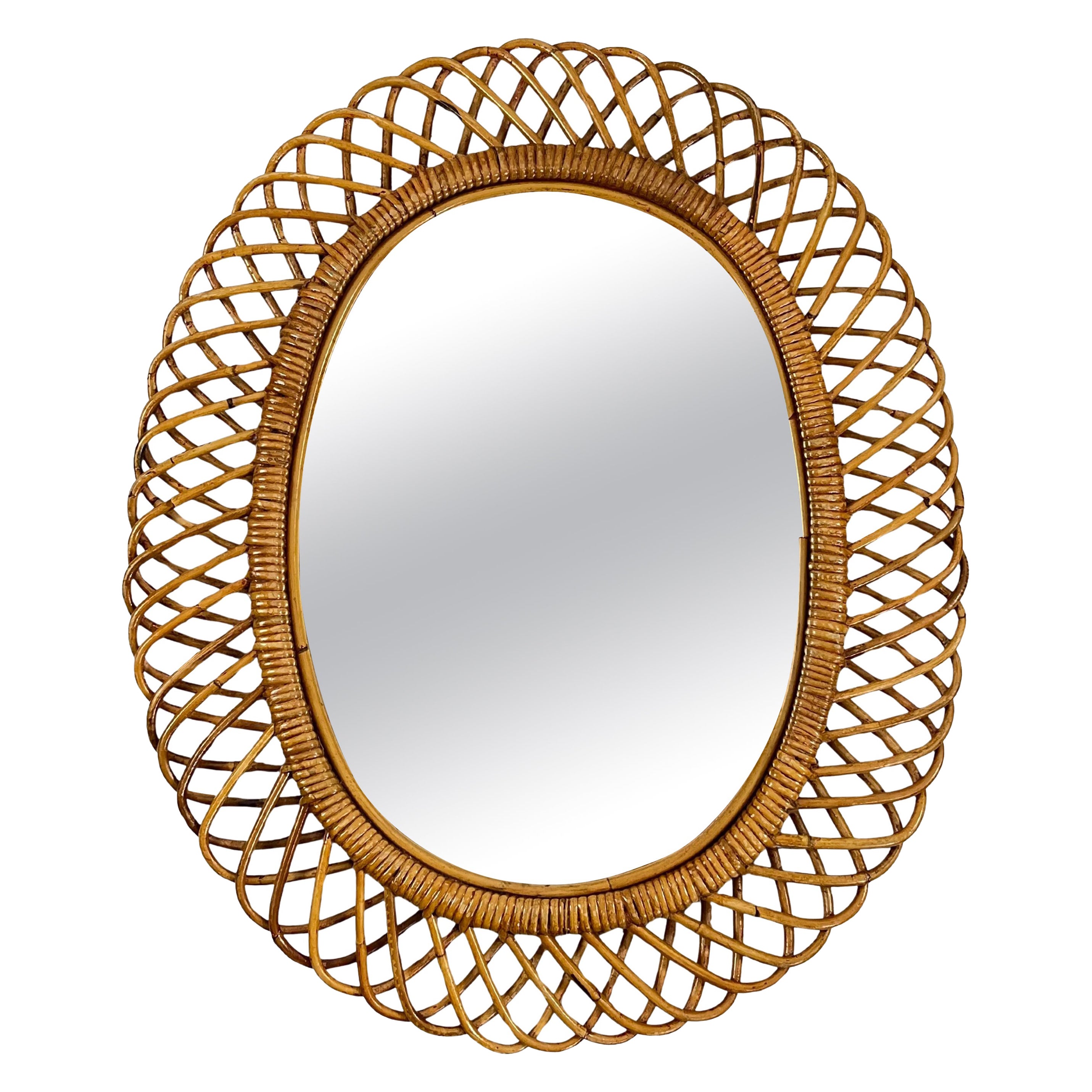 Mid-Century Italian Oval Bamboo Mirror, 1960s