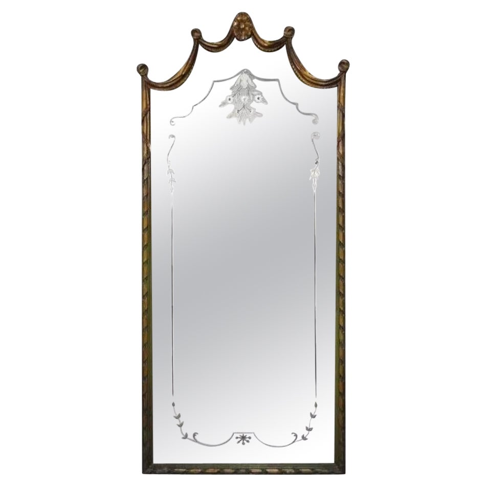 Antique French Louis XV Style Green & Gold Carved Drape Floral Etched Mirror For Sale