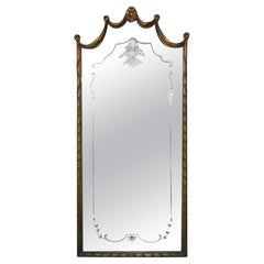 Antique French Louis XV Style Green & Gold Carved Drape Floral Etched Mirror