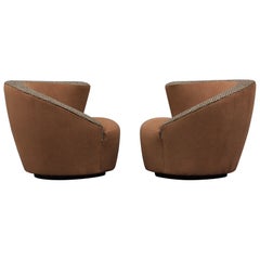 1980s Pair of Post-Modern Swivel Lounge Chairs in Brown Suede & Plaid