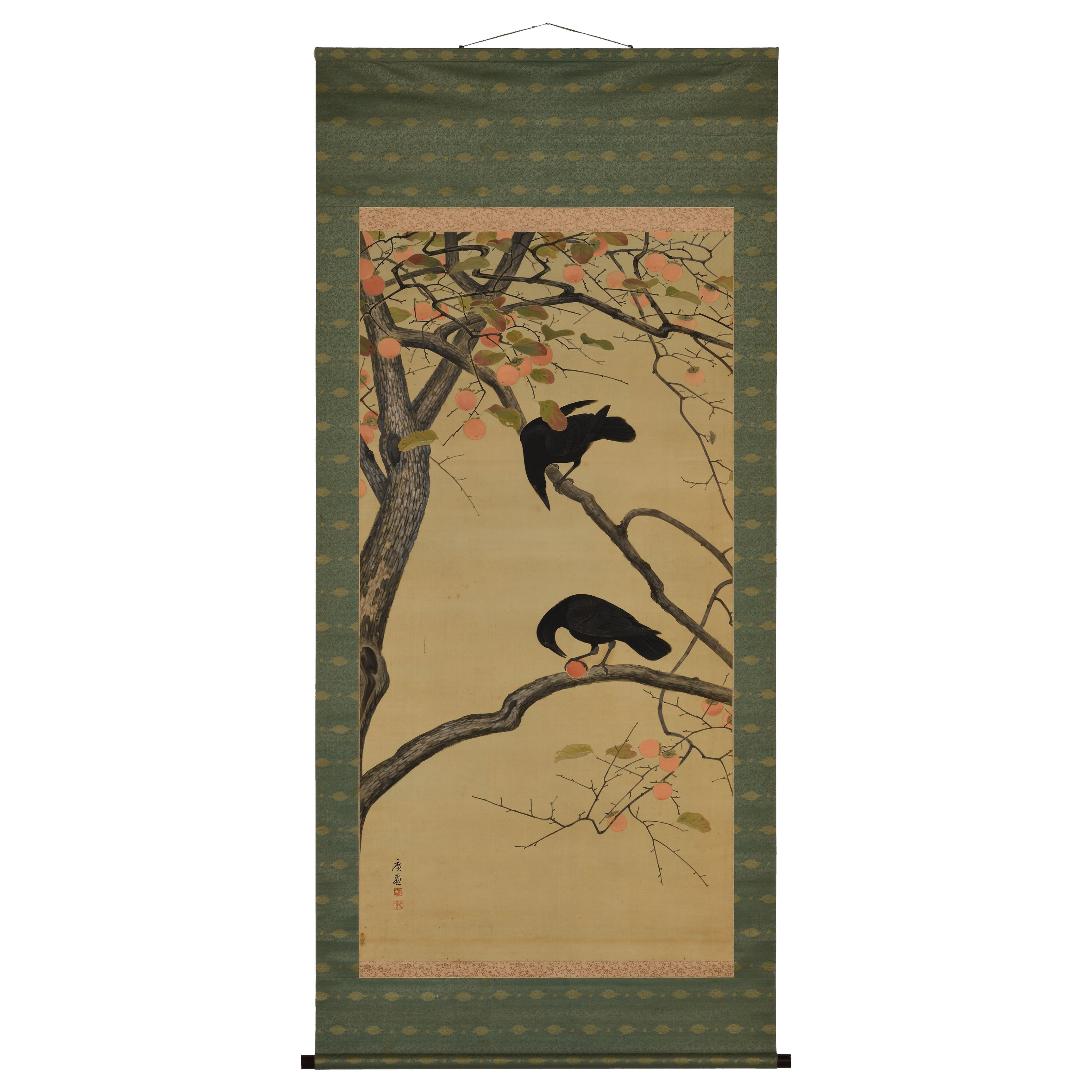 Early 20th Century Japanese Nihonga Scroll. Crow & Persimmon.