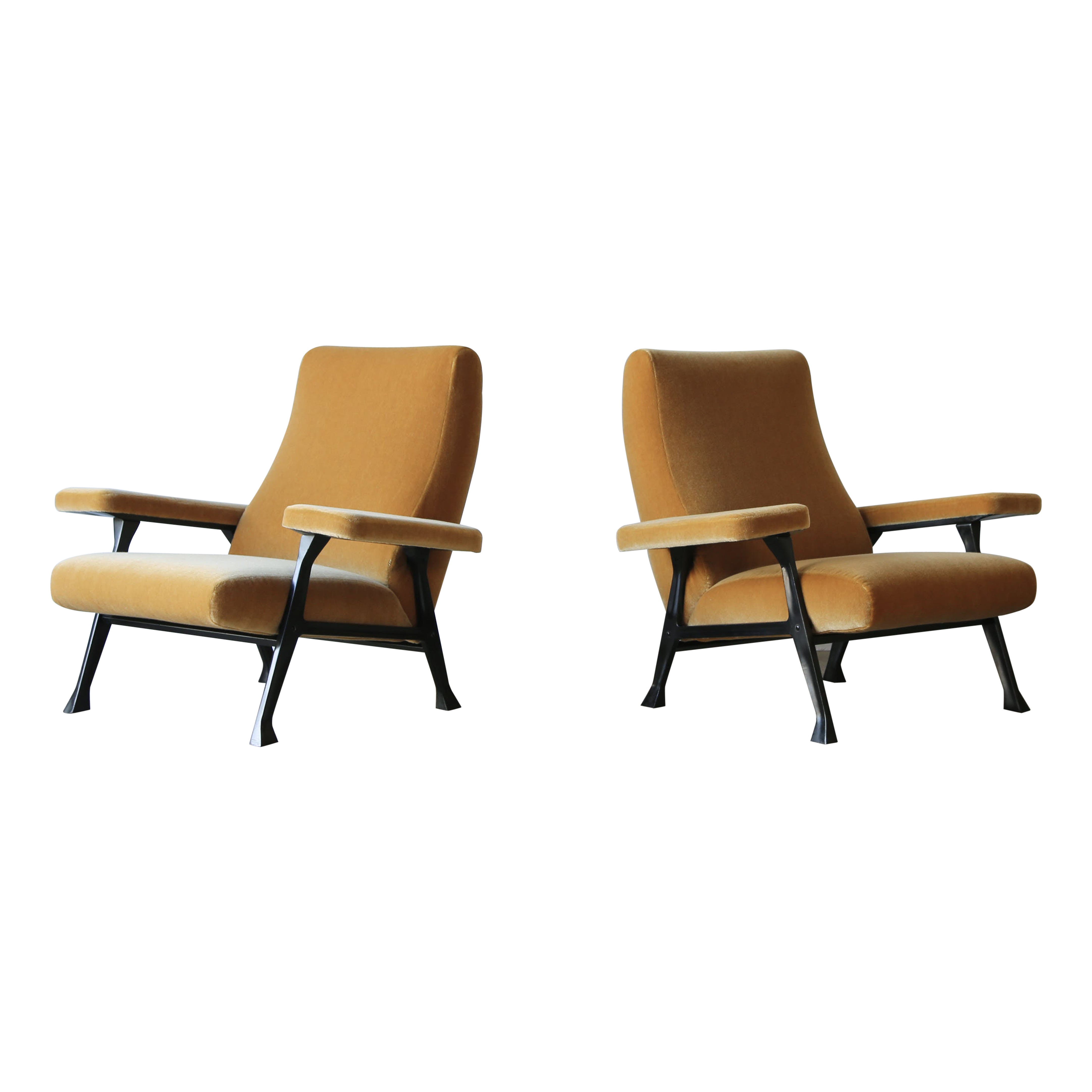 Rare Pair of Authentic 1950s Roberto Menghi Hall Chairs, Italy, New Pure Mohair