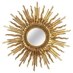 French Early 20th Century Convex Gold Leaf Sunburst Mirror