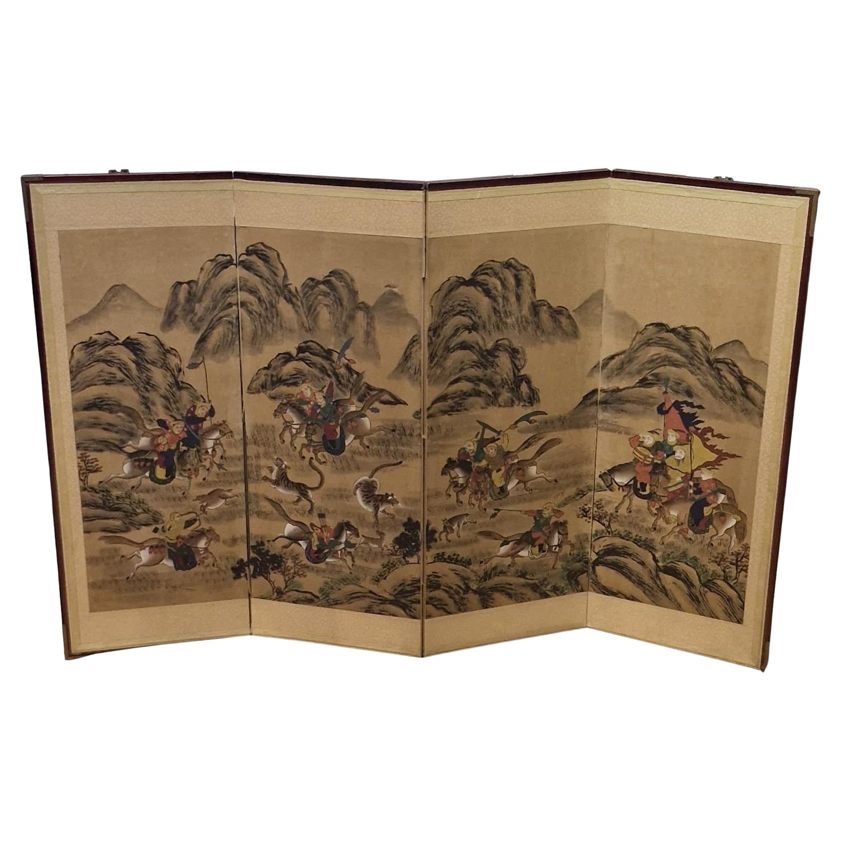 Antique Chinese Folding Chamber Screen / Paravent Early 20th century Japan Crane
