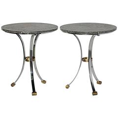 Pair of Maison Jansen Chrome and Brass Marble Top Gueridons