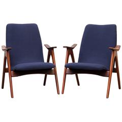Set of Two Dutch Wébé Armchairs with Teak Frame and Blue Upholstery, 1960s Set of Two Dutch Wébé Armchairs with Teak Frame and Blue Upholstery, 1960s