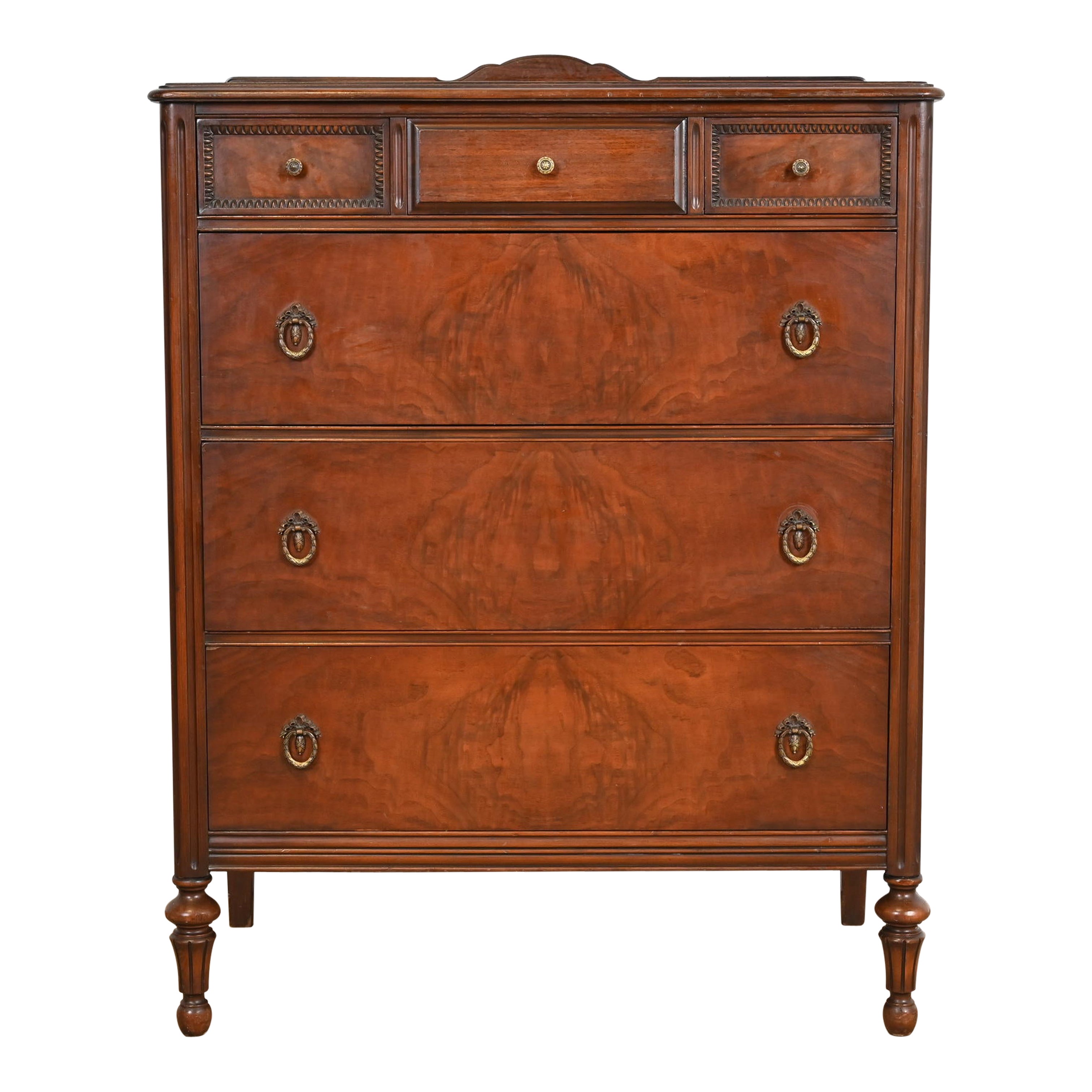 Landstrom French Regency Louis XVI Carved Burled Walnut Highboy Dresser, 1940s