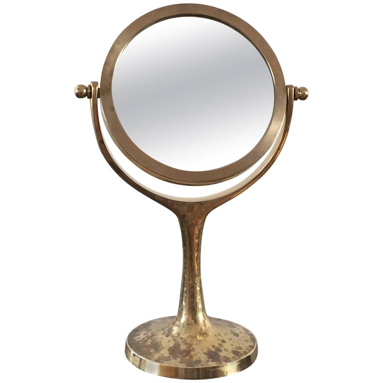 Rare French Brevete Lb Wood Brass Trifold Wall Vanity Mirror For Exceptional Petite Vanity Psyché Mirror In Brass France