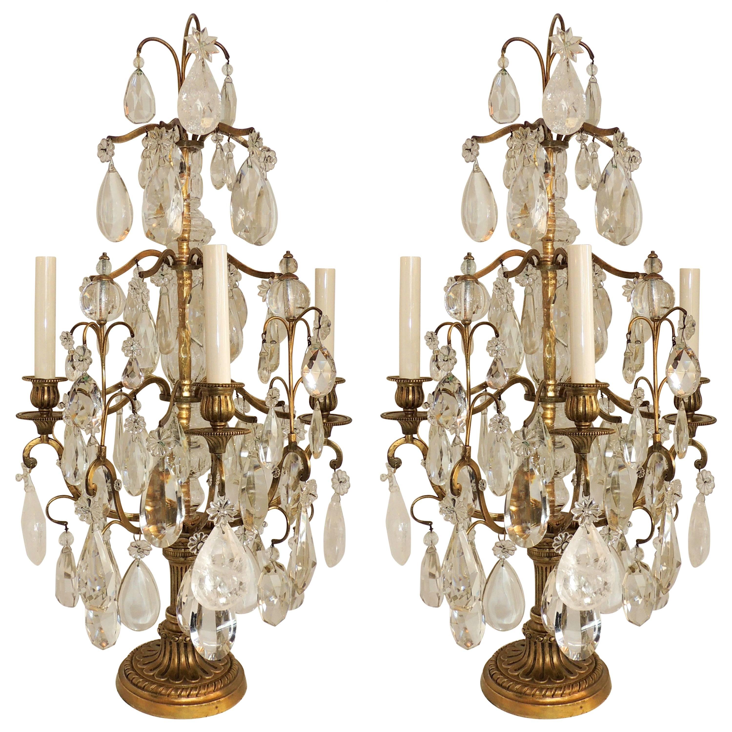 Beautiful Pair of French Bronze Rock Crystal Baguès Girandoles Candelabra Lamp