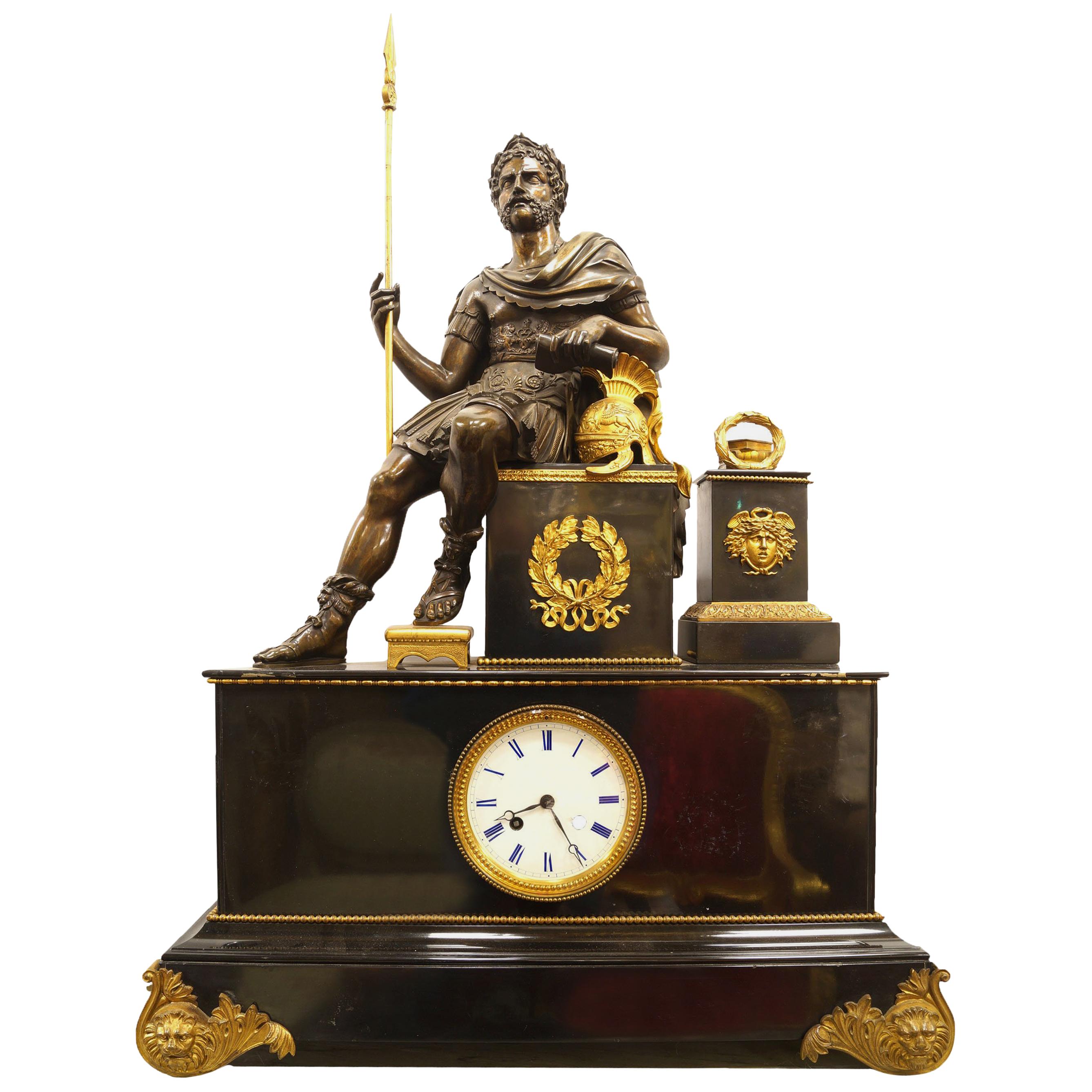 French Empire Style Bronze Figural Mantel Clock with Seated Roman Soldier