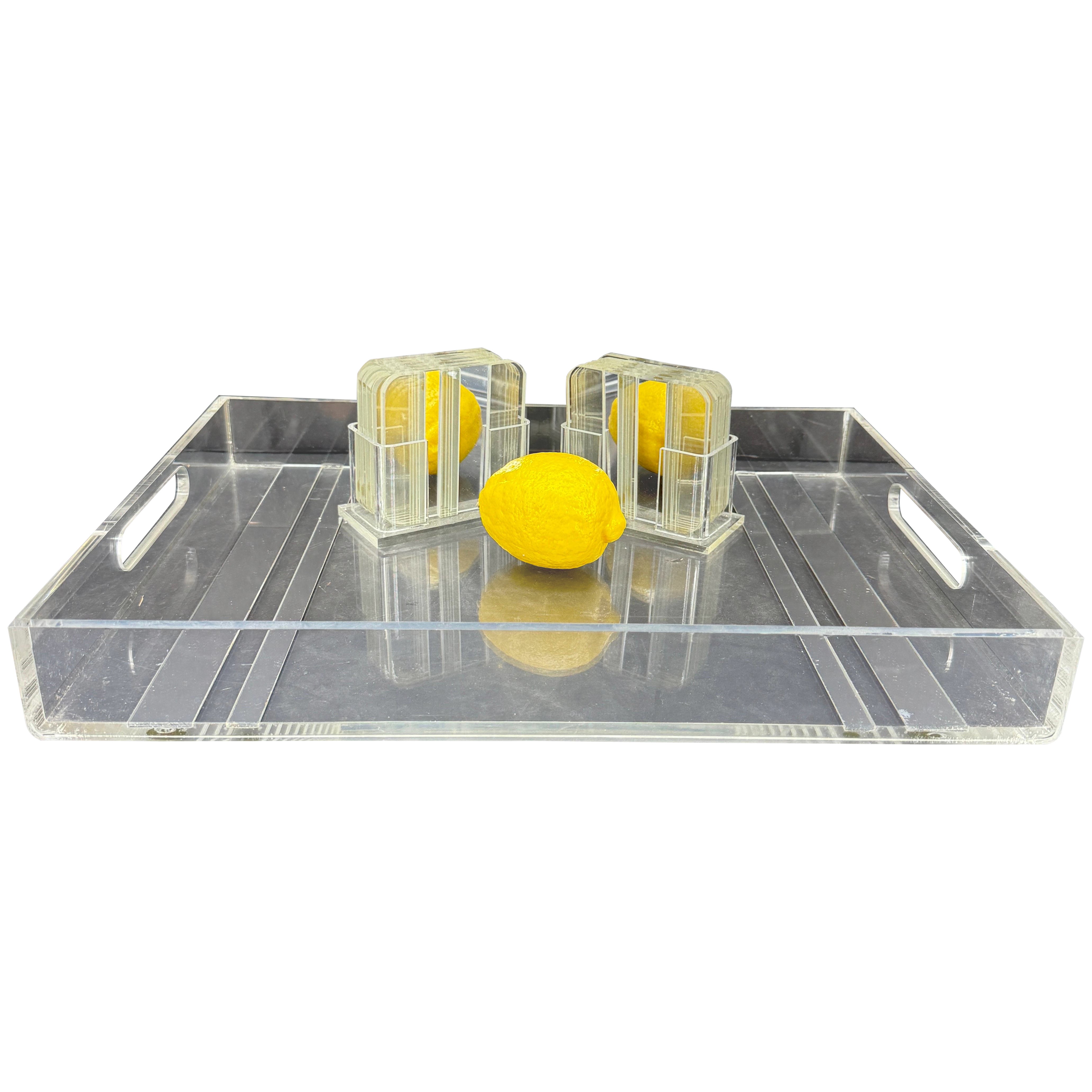 Mid-Century Lucite and Mirrored Tray And 8 Coasters, Italy