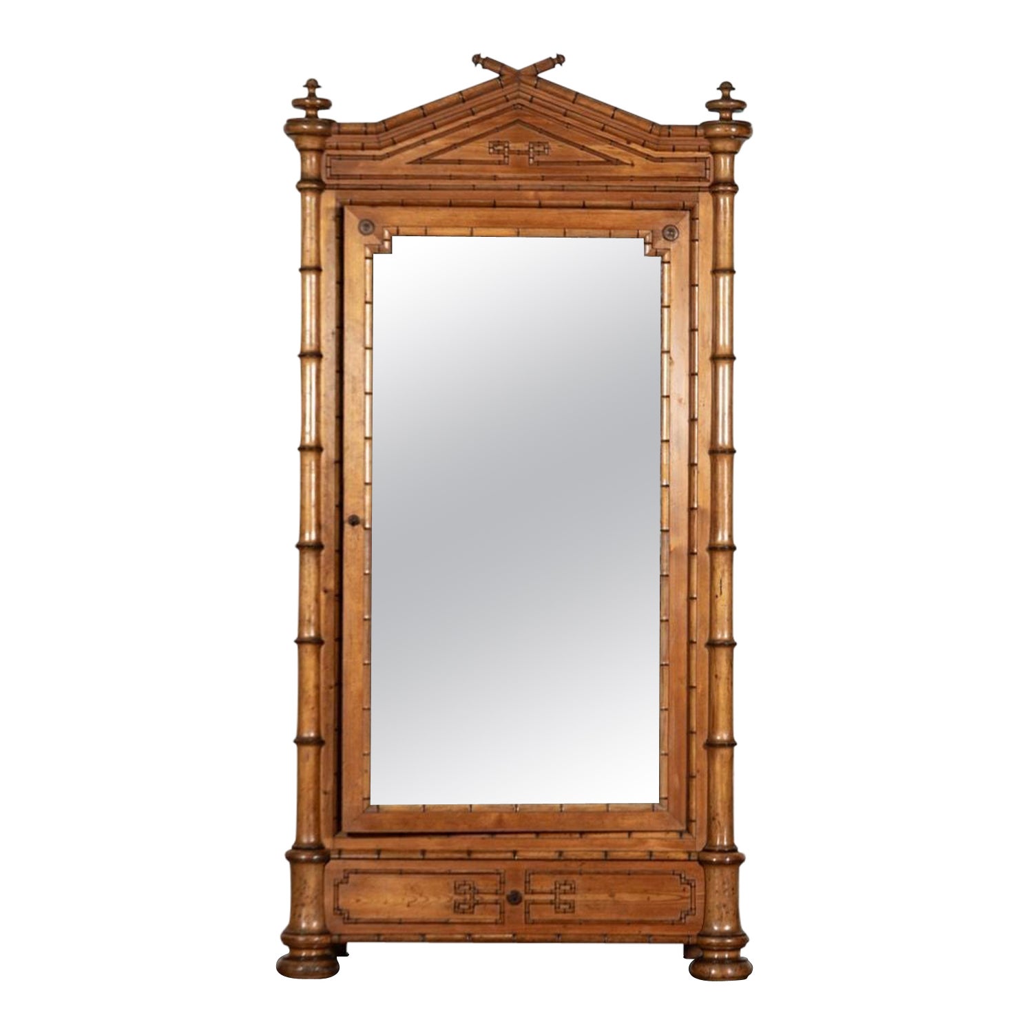 19thC French Bamboo Beech & Pine Mirrored Armoire