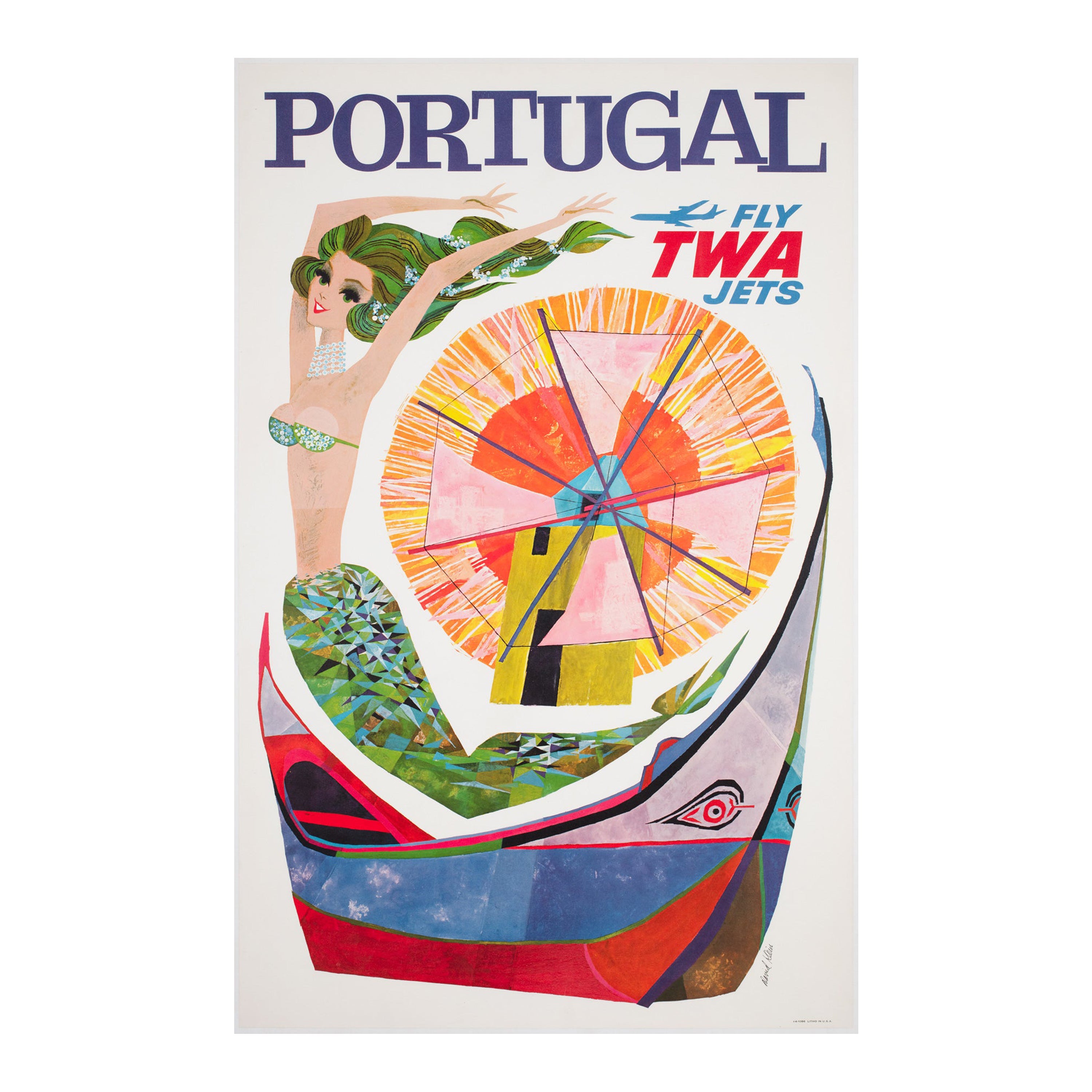 Original Vintage TWA Portugal 1960s Travel Airline Poster, David Klein