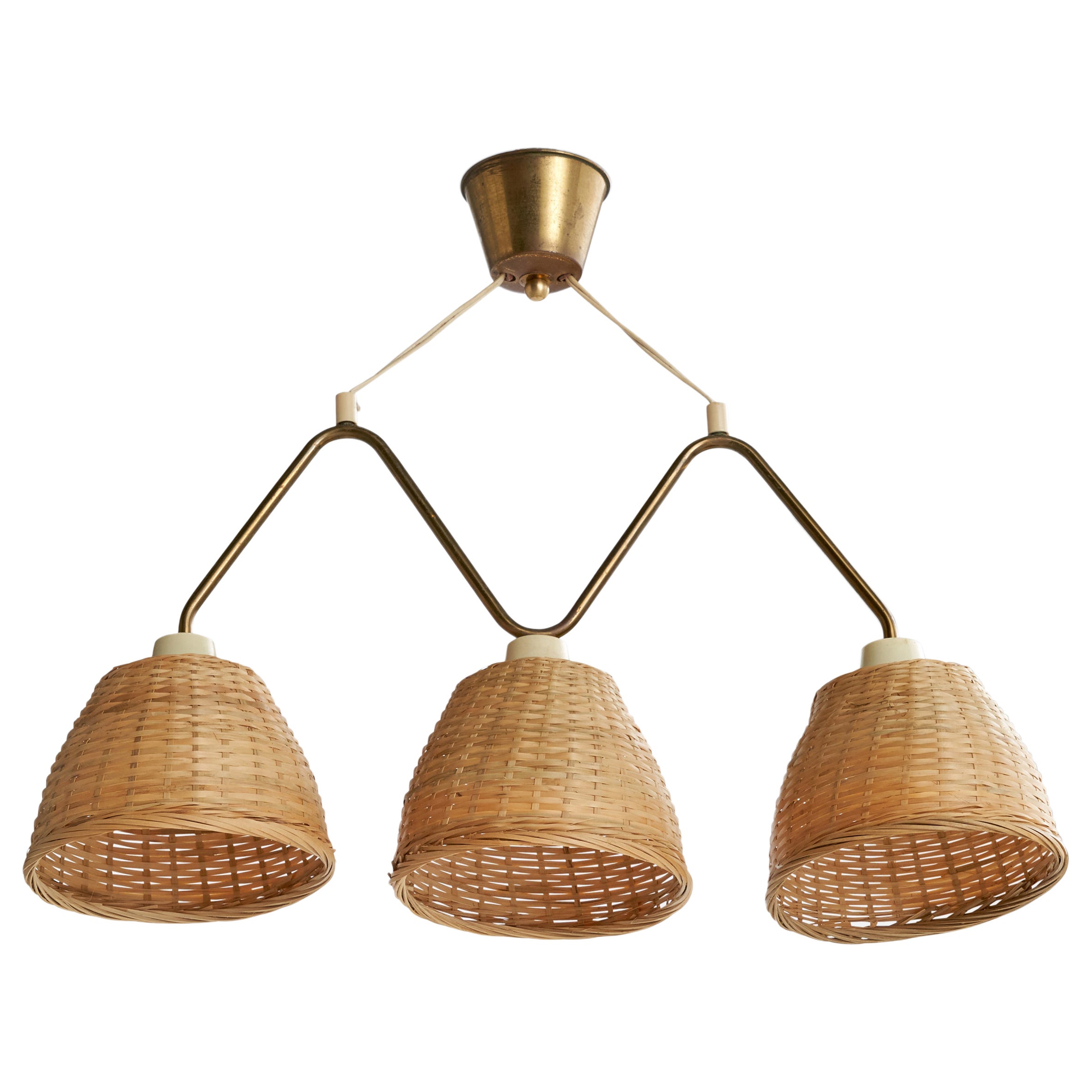 Swedish Designer, Chandelier, Brass, Rattan, Sweden, 1950s
