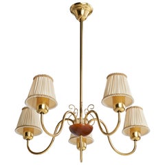 Swedish Designer, Chandelier, Brass, Wood, Fabric, Sweden, 1940s
