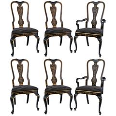 Set of Six Drexel Heritage Black Laquered Chinoiserie Dining Chairs
