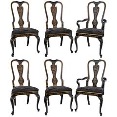 Used Set of Six Drexel Heritage Black Laquered Chinoiserie Dining Chairs