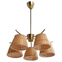Itsu, Chandelier, Brass, Rattan, Finland, 1950s