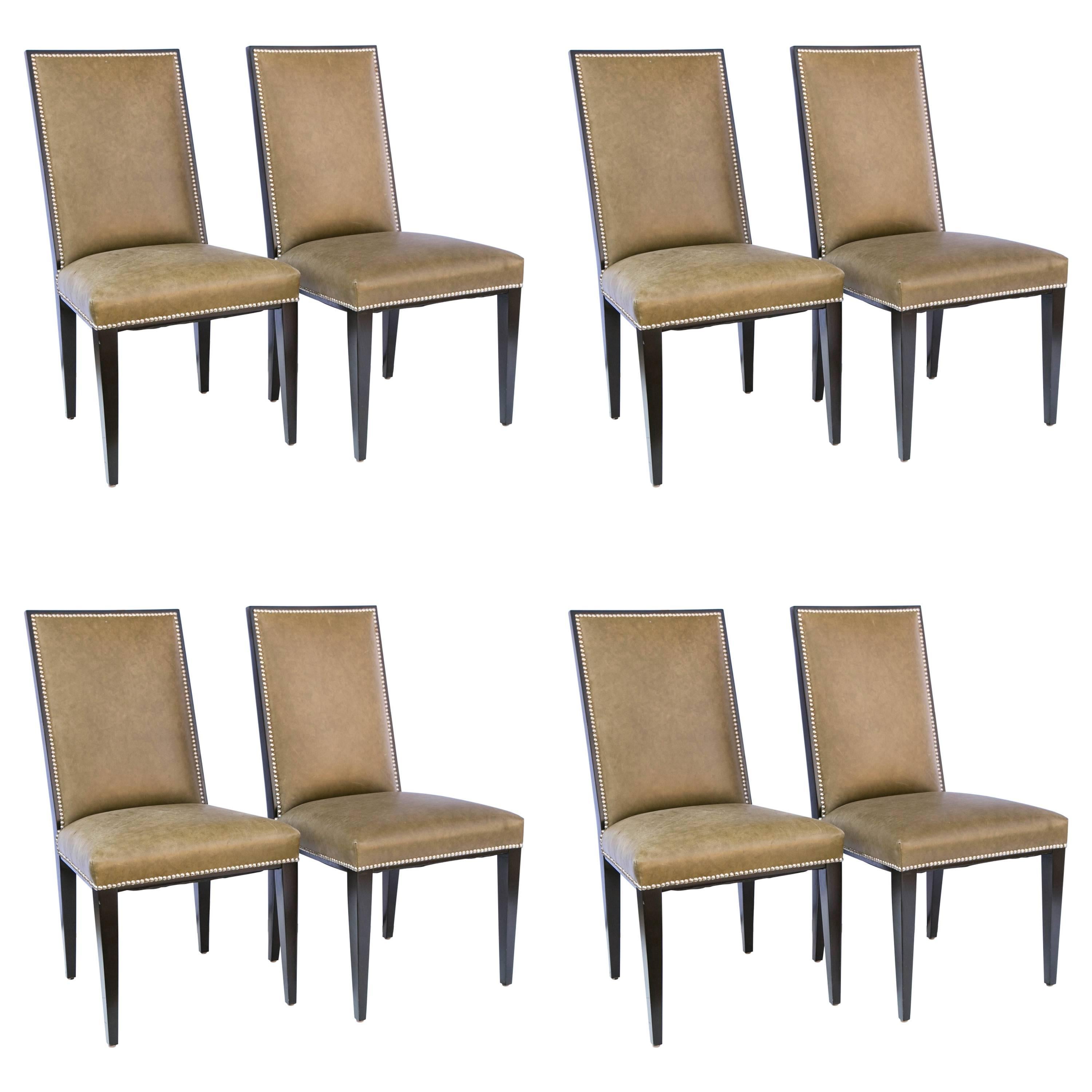 Set of Eight  Modern Taupe Green Leather Dining Chair Style of Ralph Lauren
