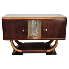 1940s Art Deco Midcentury Italian Walnut Burl and Mirror Mosaic Dry Bar Cabinet