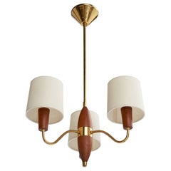 Swedish Designer, Chandelier, Brass, Teak, Fabric, Sweden, 1950s