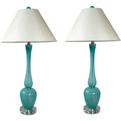 Pair of Spectacular Aqua Murano Style Glass on Lucite Round Base Table Lamps