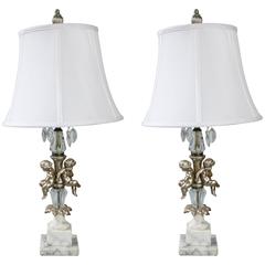 REDUCED Pair of Petite Jansen Style Marble Base, Crystal and Gesso Cherub Lamps