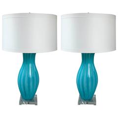 Pair of Turquoise Mid-Century Murano Lamps on Lucite Base