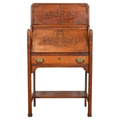 R. J. Horner Style Antique Victorian Carved Oak Slant Front Secretary Desk