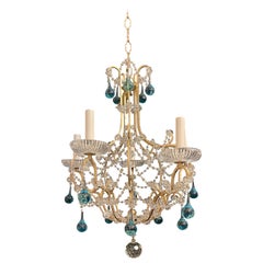 Wonderful Beaded Italian Crystal Flower Gold Gilt Aqua Blue Tear Drop Chandelier