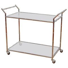 Hollywood Regency Faux Bamboo Chrome and Glass Serving Cart