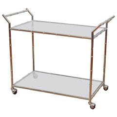 Hollywood Regency Faux Bamboo Chrome and Glass Serving Cart 9