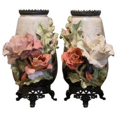 Pair of 19th Century French Faience and Brass Barbotine Vases with Floral Decor